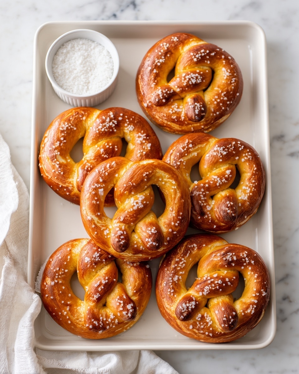 The image shows a baking tray filled with freshly baked soft pretzels, each twisted into a classic pretzel shape. The pretzels have a shiny, golden-brown crust with coarse white salt sprinkled unevenly on top, giving a textured look. They are arranged closely together on white parchment paper that covers the tray. On the top left side of the tray, there is a small round white bowl filled with coarse salt. The tray sits on a white marbled surface with a white cloth partially visible on the left side. The lighting highlights the pretzels’ glossy finish and soft texture, making them look warm and inviting. Photo taken with an iphone --ar 4:5 --v 7
