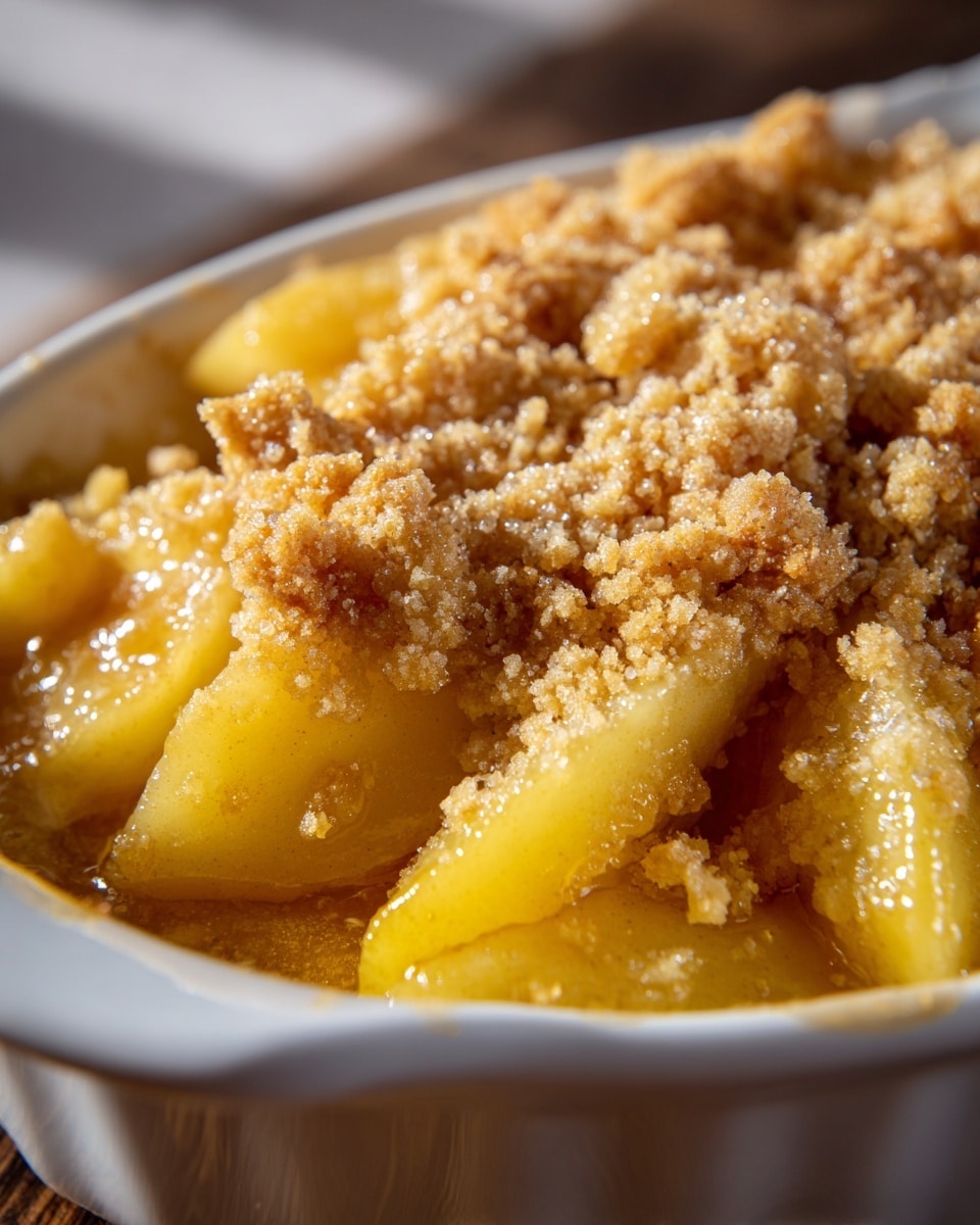 The image shows a close-up of a freshly baked apple crumble in a white dish. The crumble has a golden-brown, crumbly topping that looks crunchy and slightly caramelized with some darker toasted spots. Below the topping, there are soft cooked apple pieces that are yellowish and shiny from the syrup. The dish is placed on a wooden surface, and the background is softly blurred with warm lighting. photo taken with an iphone --ar 4:5 --v 7