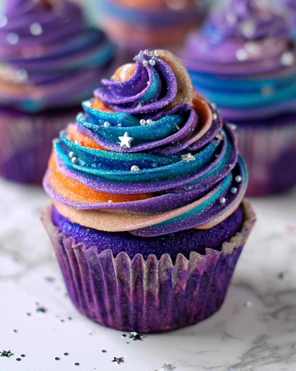 A single cupcake with a purple base, set on a white marbled surface, is shown with its purple liner peeled down to the bottom. The top frosting layer is tall and swirled with bright colors of purple, blue, and touches of orange, creating a smooth, thick spiral. Small silver star-shaped sprinkles are scattered over the frosting, adding shine and texture. The background shows blurred cupcakes with similar styling, emphasizing the main cupcake's detailed frosting and glittering sprinkles. photo taken with an iphone --ar 4:5 --v 7