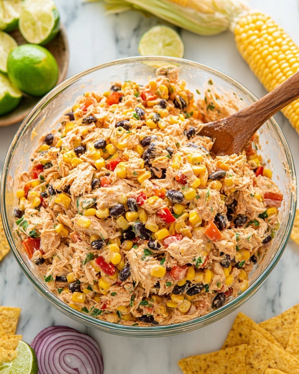 A large clear glass bowl sits on a white marbled surface filled with a colorful layered mixture of shredded chicken coated in a creamy light orange sauce, mixed with bright yellow corn kernels, black beans, finely chopped red and orange bell peppers, and bits of green herbs, giving the dish a vibrant and textured look. A wooden spoon is partially submerged in the mixture, stirring it gently. Surrounding the bowl are halves of lime, a sliced red onion, tortilla chips, and a section of corn on the cob, all placed on the white marbled surface. Photo taken with an iphone --ar 4:5 --v 7