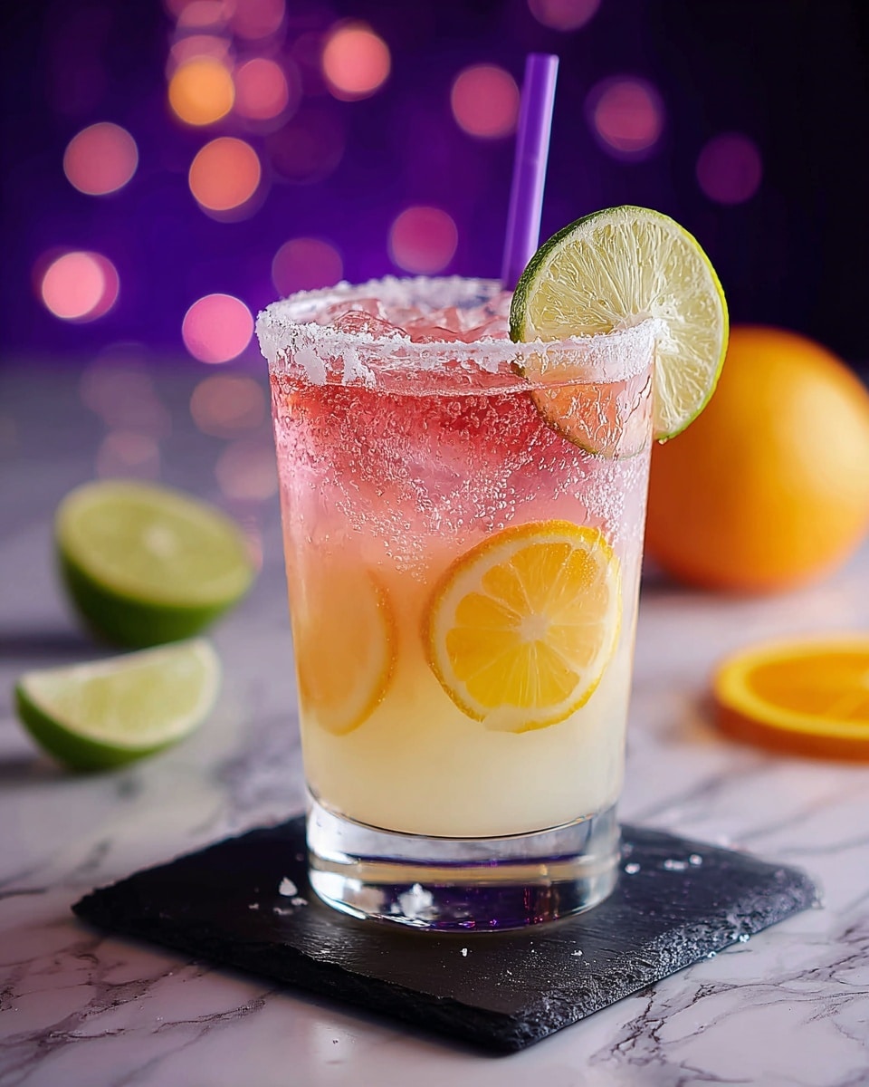 The image shows a clear glass filled with a layered drink consisting of three parts: the bottom layer is pale yellow and cloudy, the middle layer contains two thin orange slices showing bright orange color with bubbly texture, and the top layer is a light pink shade with ice cubes floating. The glass rim is coated with coarse salt, and a green lime slice is placed on the rim. A purple straw stands inside the glass. The glass sits on a black slate coaster on a white marbled surface, with blurred lemon and lime halves in the background. Photo taken with an iphone --ar 4:5 --v 7