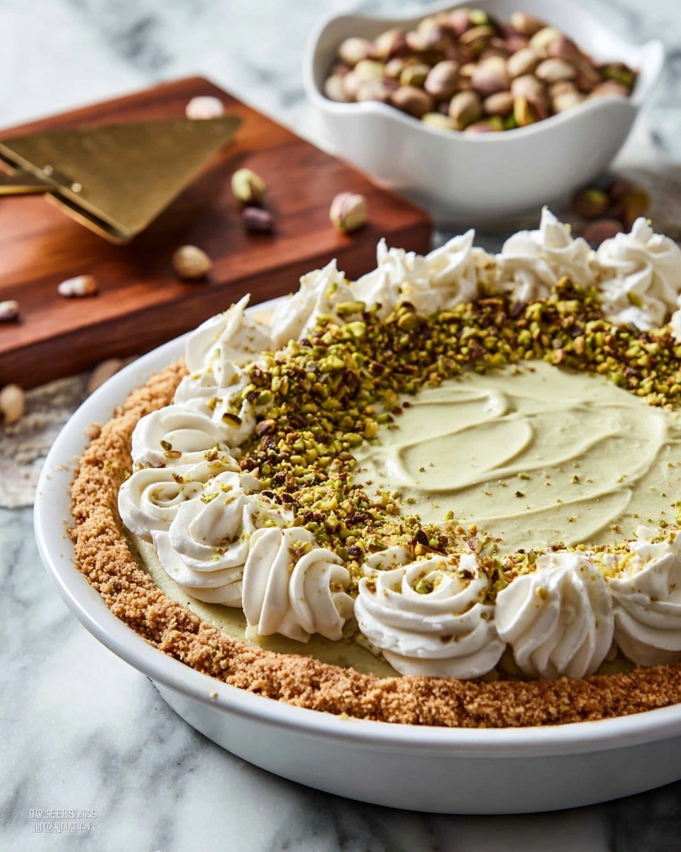 The image shows a pie with a thick, crinkled golden-brown crust in a white ceramic pie dish. Inside, there is a smooth greenish filling topped with finely crushed pistachios that cover the entire surface. Around the edge of the pie, there are eight large swirls of white whipped cream, each sprinkled with more crushed pistachios. In the background, there is a white bowl filled with whole pistachios and a gold pie server with a light wooden handle resting on a white marbled surface. photo taken with an iphone --ar 4:5 --v 7
