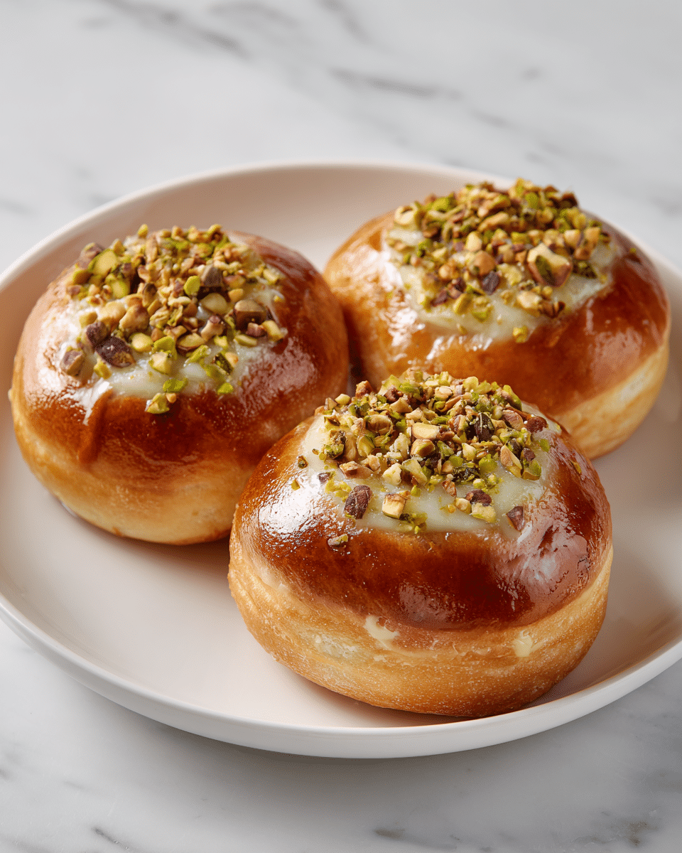 Three round, golden-brown buns are arranged closely on a white plate. Each bun shows smooth, shiny tops with a slightly darker baked ring near the edges. In the center of each bun, there is a small mound of crushed green pistachios mixed with a light syrup, giving a glossy texture. The surface beneath the plate shows a white marbled texture. The photo taken with an iphone --ar 4:5 --v 7