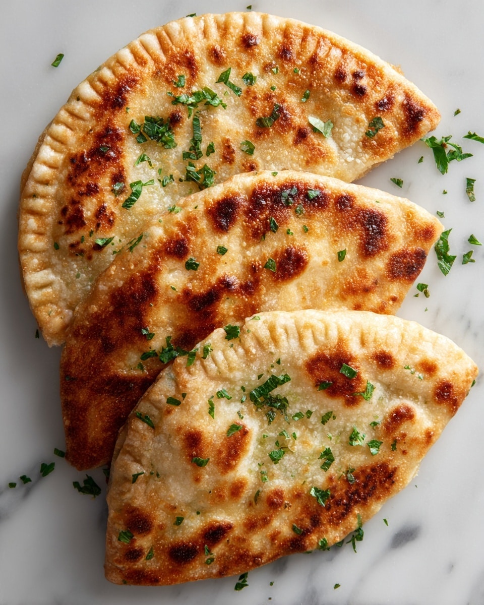 The image shows three half-circle shaped flatbreads stacked slightly on top of each other on a white marbled surface. The flatbreads have a golden-brown toasted color with darker brown spots, showing a crispy texture. Small green parsley leaves are scattered on and around the flatbreads, adding a fresh color contrast. The edges of the flatbreads are crimped, giving them a neat, folded look. Photo taken with an iphone --ar 4:5 --v 7