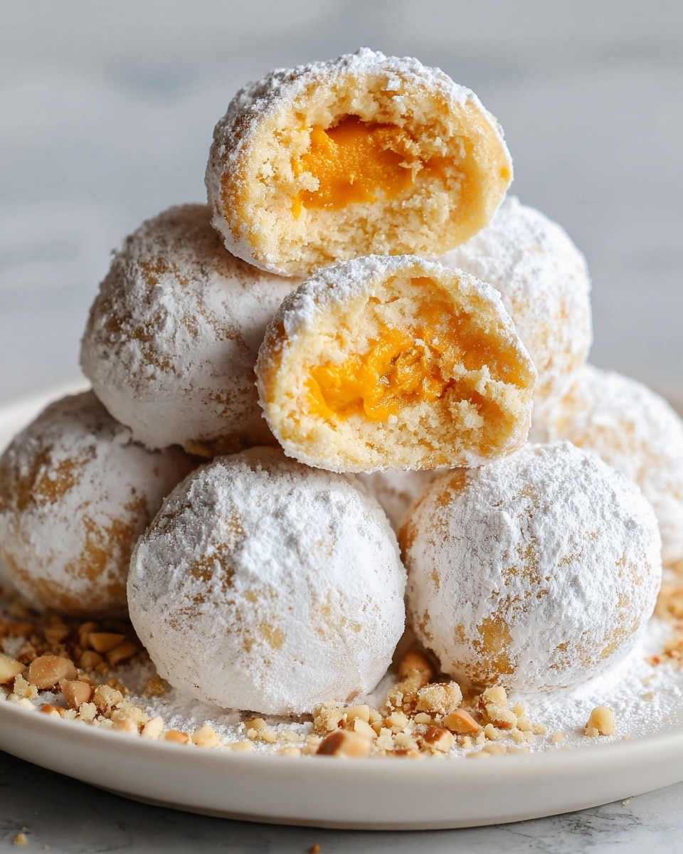 A stack of round dough balls covered in white powdered sugar sits on a white plate with a white marbled surface background. The dough balls have soft, slightly bumpy textures and are cut open to show creamy orange filling inside. The powder coating makes a contrast with the smooth, bright orange center. Some small pieces of crushed nuts are scattered around the plate near the base of the dough balls. The image is close-up, showing details of the soft dough and creamy filling. photo taken with an iphone --ar 4:5 --v 7