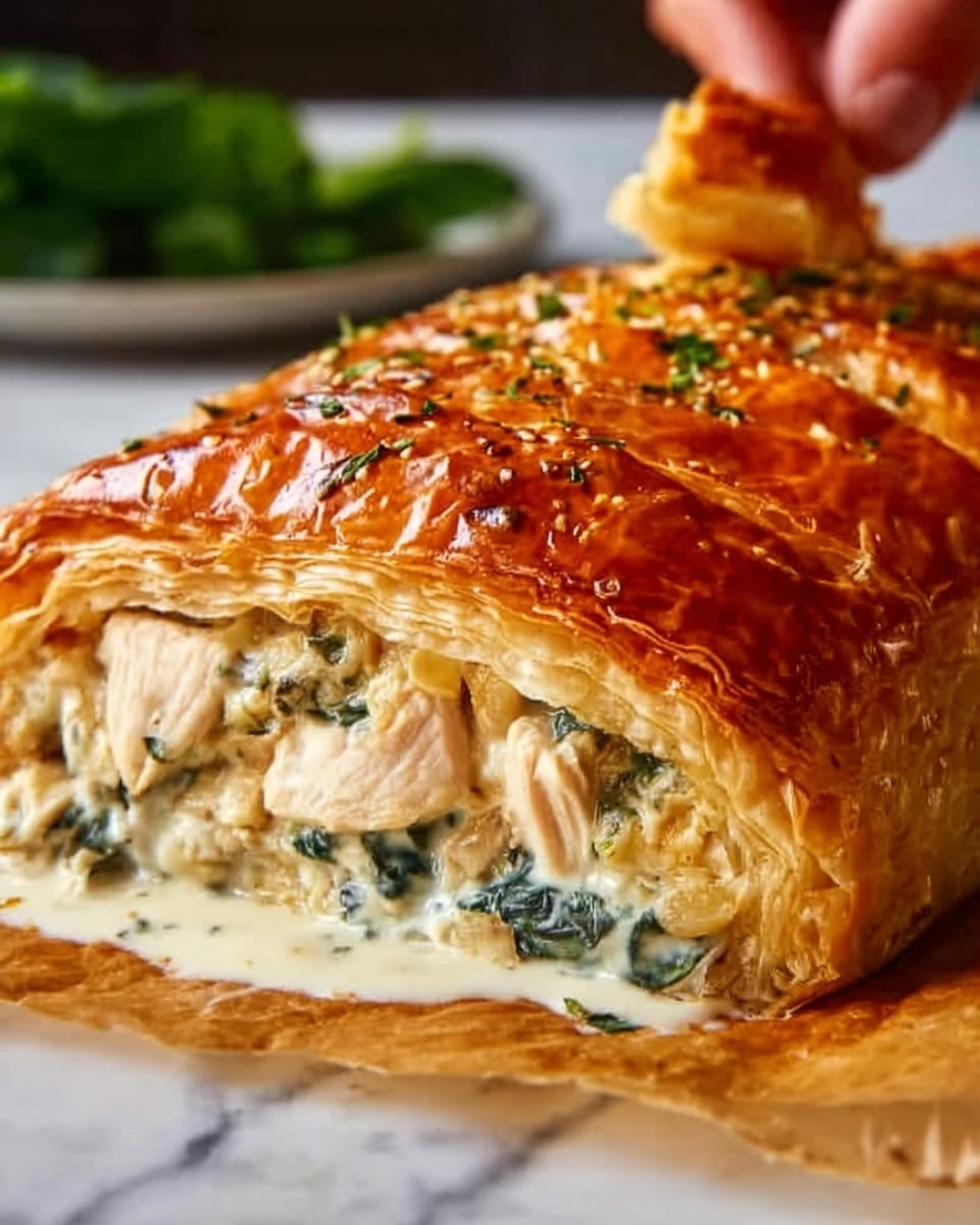 The image shows a slice of golden brown pastry with a shiny, crisp top sprinkled with small green herbs. Inside the pastry, there are three layers: the top layer is a flaky, light brown crust, the middle layer is creamy white sauce mixed with herbs, and the bottom layer contains a white piece of cooked chicken breast. The sauce is slightly dripping from the cut slice onto the white marbled surface. In the background, there is a blurred bowl of green salad. Photo taken with an iphone --ar 4:5 --v 7
