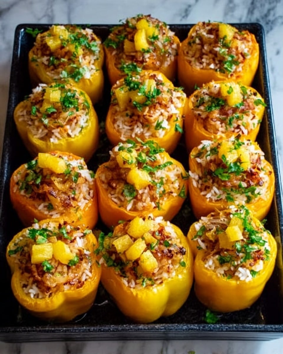 The image shows nine yellow bell peppers cut in half and hollowed out, arranged closely in a black baking tray set on a white marbled surface. Each pepper half is filled with a layered stuffing that includes white rice and small brown dried cranberries or nuts mixed together, topped with bright yellow chunks of grilled or roasted pineapple, and garnished with finely chopped green herbs. The peppers have a slightly glossy texture and look cooked but firm. The overall presentation is colorful and fresh with a contrast of yellow, white, brown, and green colors. Photo taken with an iphone --ar 4:5 --v 7