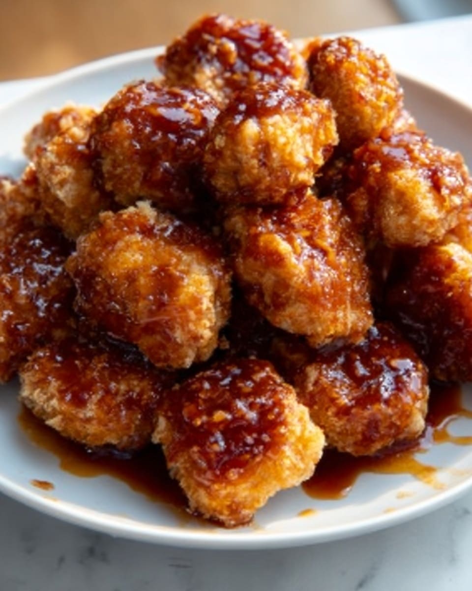 A white plate filled with multiple golden-brown fried chicken pieces coated with a thick, shiny dark brown sauce, giving a sticky and crispy look. The chicken pieces are piled in the center, showing a crispy texture with a glossy glaze that reflects light. The plate is set on a white marbled surface with soft natural light coming from a window in the background, adding a warm and inviting feel. photo taken with an iphone --ar 4:5 --v 7