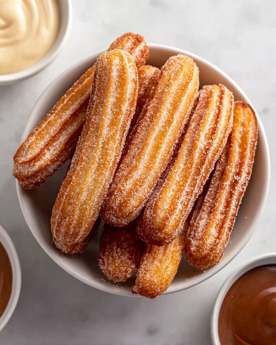 A white bowl filled with about eight small, golden-brown churros coated evenly in sugar, each churro showing ridges along its length and a slightly crispy texture. In the background on a white marbled surface, there are two small bowls partly visible: one with a creamy pale sauce at the top left, and another with a smooth chocolate sauce at the bottom left. The churros are arranged stacked closely together in the bowl. photo taken with an iphone --ar 4:5 --v 7