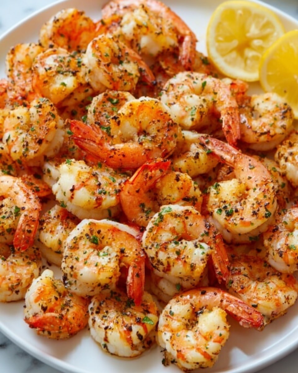 The image shows a close-up of many cooked shrimp stacked closely together on a white plate. Each shrimp has a pinkish-orange shell with white stripes and bits of green herbs sprinkled on top. The shrimp look juicy and slightly shiny, with some char marks visible, giving a grilled appearance. To the side of the plate, there is a bright yellow lemon wedge adding a pop of color. The surface beneath the plate is a white marbled texture. photo taken with an iphone --ar 4:5 --v 7
