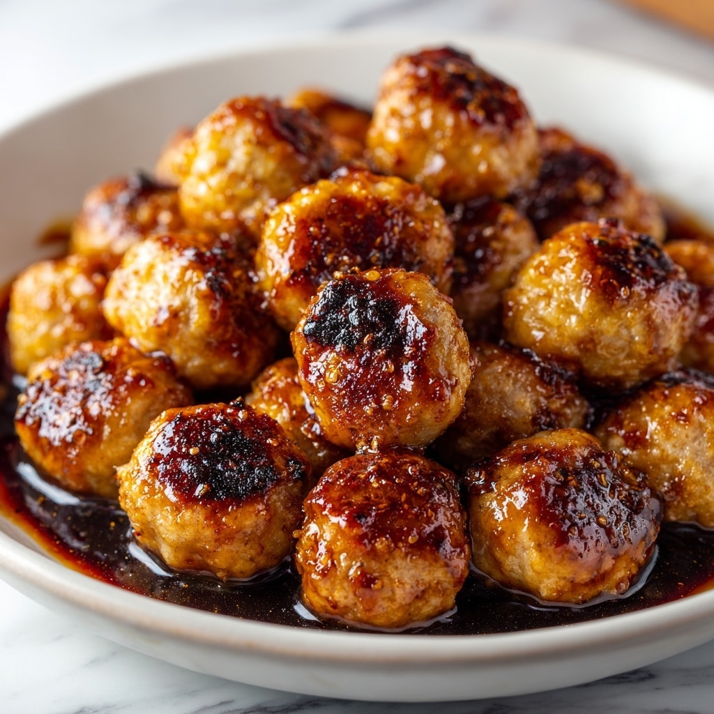 The image shows many small grilled meat pieces with a shiny dark brown glaze. The meat looks juicy with some charred edges, giving a caramelized effect. The pieces are packed closely together on a white marbled surface, highlighting the rich browns and slight black of the grill marks. The glaze reflects light, showing a sticky texture on the meat. Photo taken with an iphone --ar 4:5 --v 7