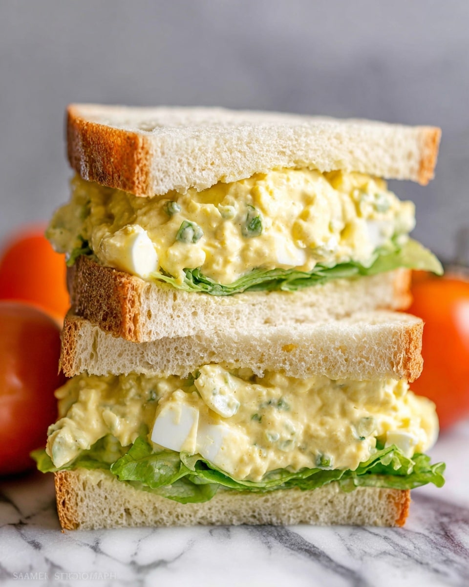 A close-up of a two-layer sandwich cut in half and stacked, showing soft white bread with a light, airy texture and golden brown crust. Between the slices, a creamy egg salad filling with visible chunks of boiled egg, green celery pieces, and light yellow mayo mixed with herbs is piled thickly. A fresh green lettuce leaf sits at the bottom layer under the egg salad, adding a crisp texture and bright color. The sandwich rests on a white marbled surface with blurred orange tomatoes in the background. photo taken with an iphone --ar 4:5 --v 7