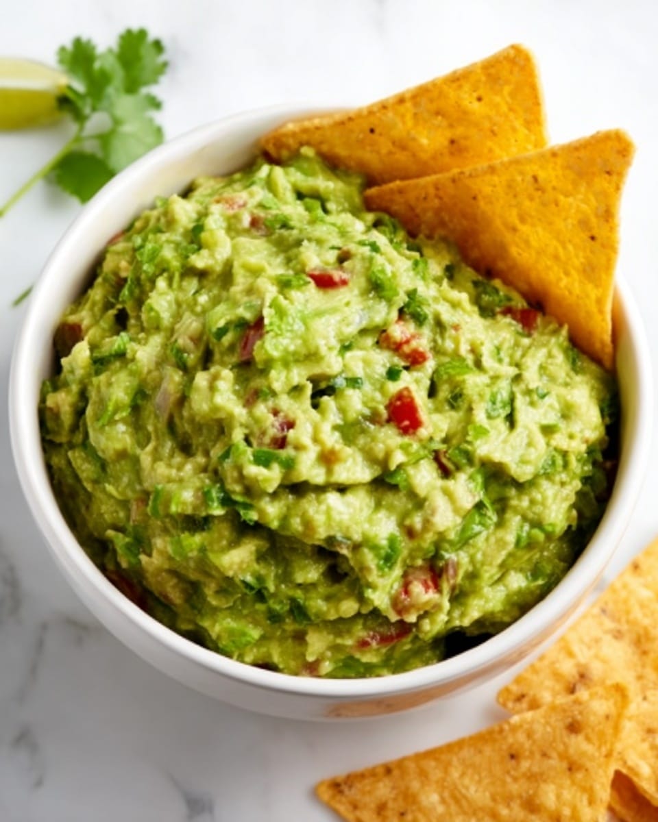 A white bowl filled with chunky green guacamole showing bits of red and darker green from diced tomatoes and herbs mixed in; three yellow corn tortilla chips are dipped into the guacamole and lean against the side of the bowl. The bowl sits on a white marbled surface, and the guacamole has a creamy texture with visible small lumps. Photo taken with an iphone --ar 4:5 --v 7