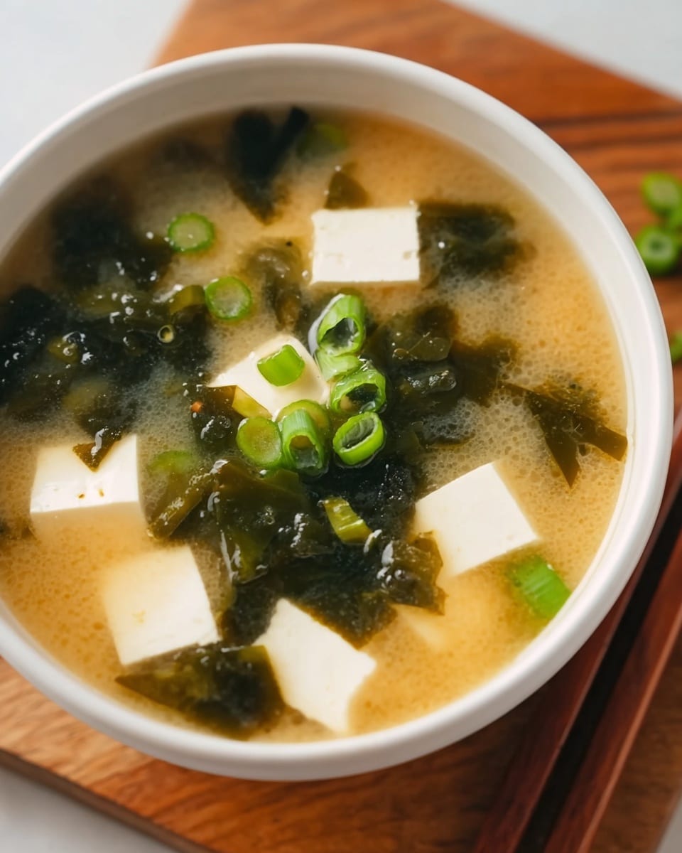 A white bowl filled with light brown miso soup, showing a slightly cloudy broth. Inside the soup, there are several white, soft tofu cubes floating evenly across the surface. Dark green seaweed pieces are scattered around the tofu, adding a rough, leafy texture. Small bright green sliced scallions are sprinkled on top, adding a fresh, crisp detail. The bowl sits on a white marbled surface with a pair of wooden chopsticks placed diagonally nearby. The overall look is warm and inviting. photo taken with an iphone --ar 4:5 --v 7