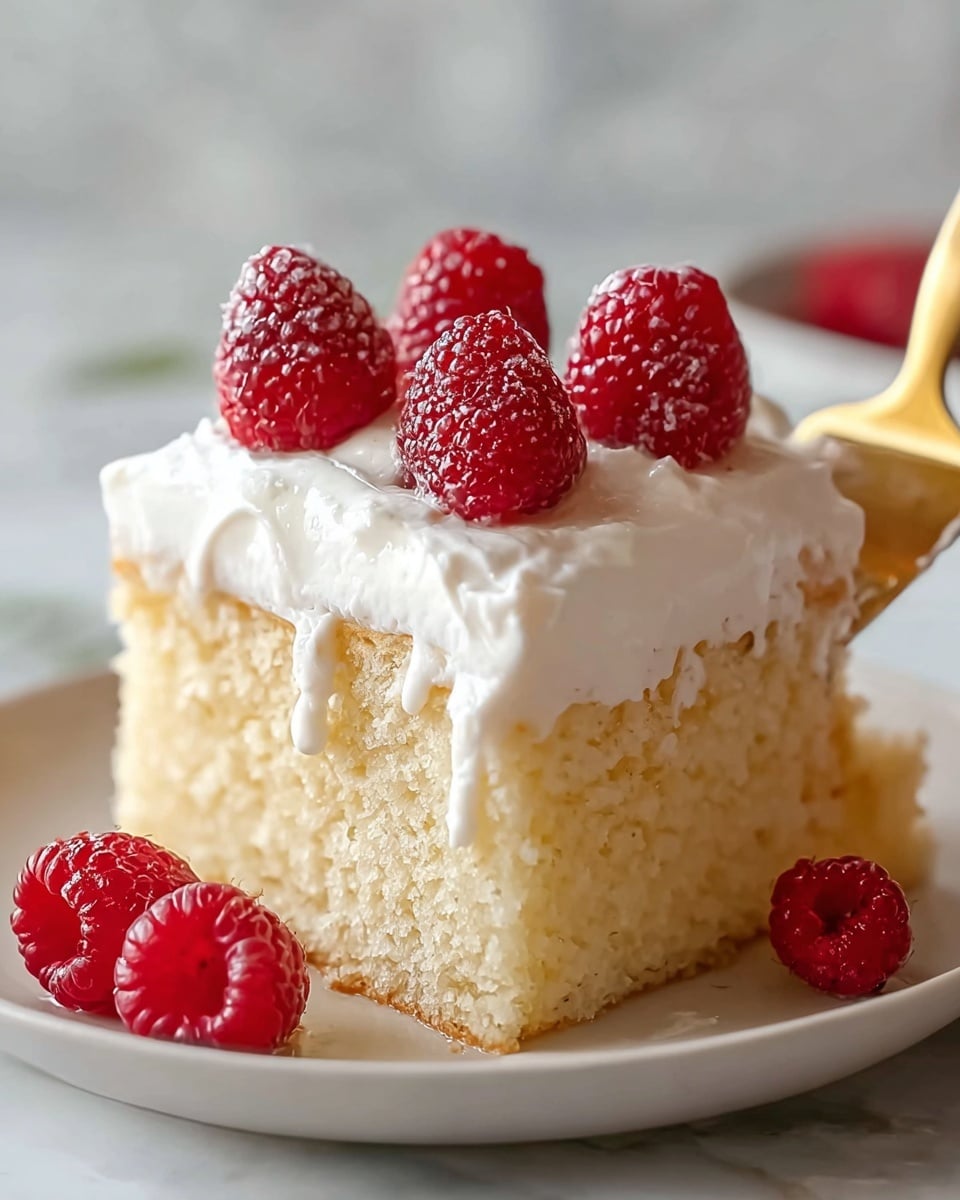 A close-up of a square piece of soft, light yellow cake on a white plate with a white marbled surface in the background. The cake has one thick layer, topped with a thick, smooth layer of white whipped cream that slightly drips down the side. On top, there are six fresh red raspberries clustered together. Two more raspberries rest on the plate near the cake. The cake is held from below by a golden fork lifting it up slightly. The photo taken with an iphone --ar 4:5 --v 7