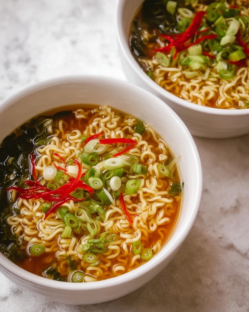 Two white bowls filled with noodle soup rest on a white marbled surface. Each bowl contains curly yellow noodles floating in a clear brown broth. On top of the noodles, there are scattered thin slices of bright green scallions and a few thin strips of red pepper, adding pops of color. Shredded bits of pale chicken are visible mixed in with the noodles and broth. The soup looks warm and fresh, with slight steam rising softly. Photo taken with an iphone --ar 4:5 --v 7