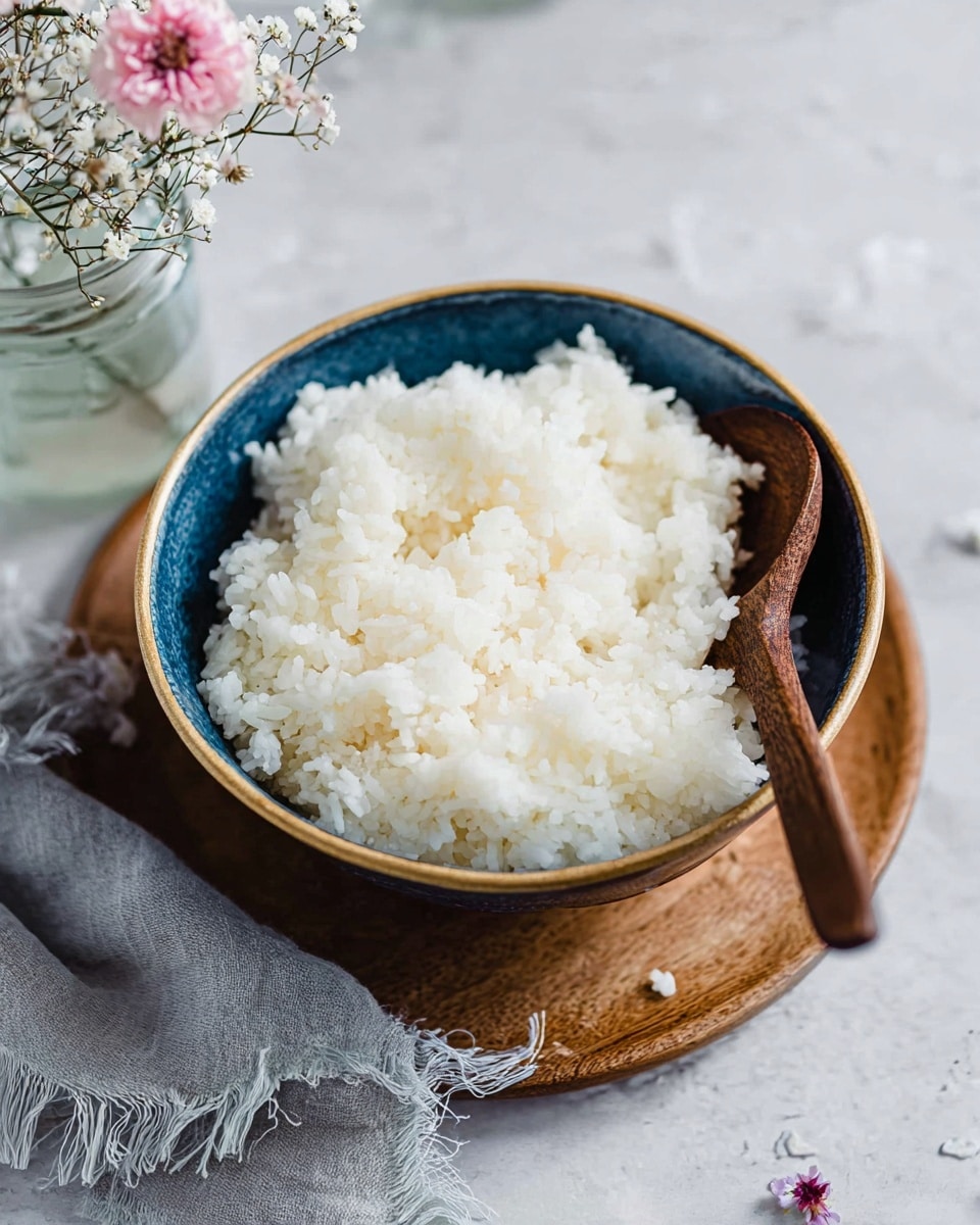 A bowl filled with a single layer of white cooked rice, fluffy and slightly clumped, placed in a blue bowl with a brown rim. A wooden spoon is partially buried in the rice on the right side of the bowl. The blue bowl sits on a small wooden board, all on a white marbled surface. In the background, there is a small glass vase with delicate pink and white flowers and a folded gray cloth with fringes. Photo taken with an iphone --ar 4:5 --v 7
