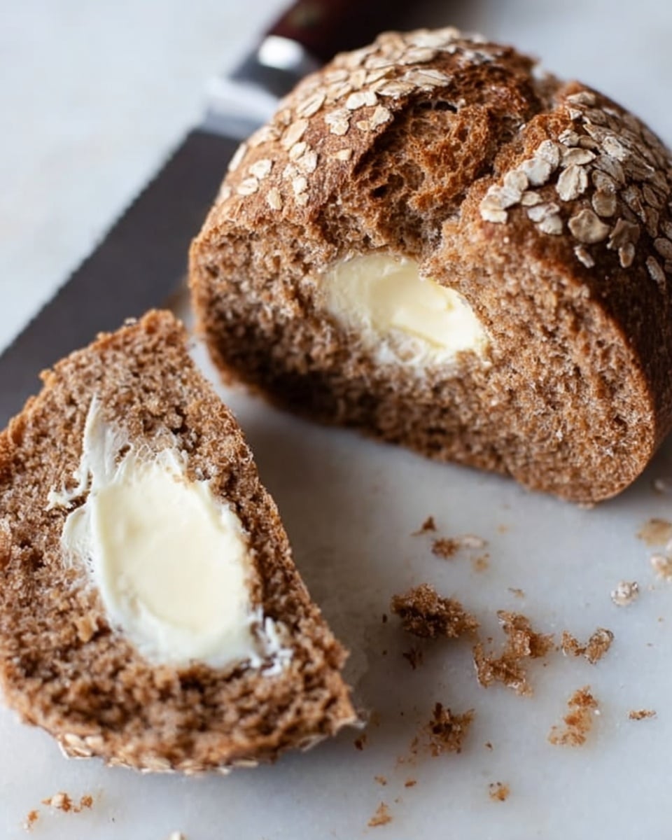 The image shows a loaf of brown bread partially sliced with a close-up of one piece spread with a thick, melting layer of white butter. The loaf has a rough, crunchy crust sprinkled with a few oats on top and a soft, dense inside texture. Crumbs scatter on the white marbled surface around the bread. A silver serrated knife lies near the loaf, and a woman’s hand holds the piece of bread with butter. The overall scene is rustic and simple with warm brown tones contrasting with the bright white marble. Photo taken with an iphone --ar 4:5 --v 7