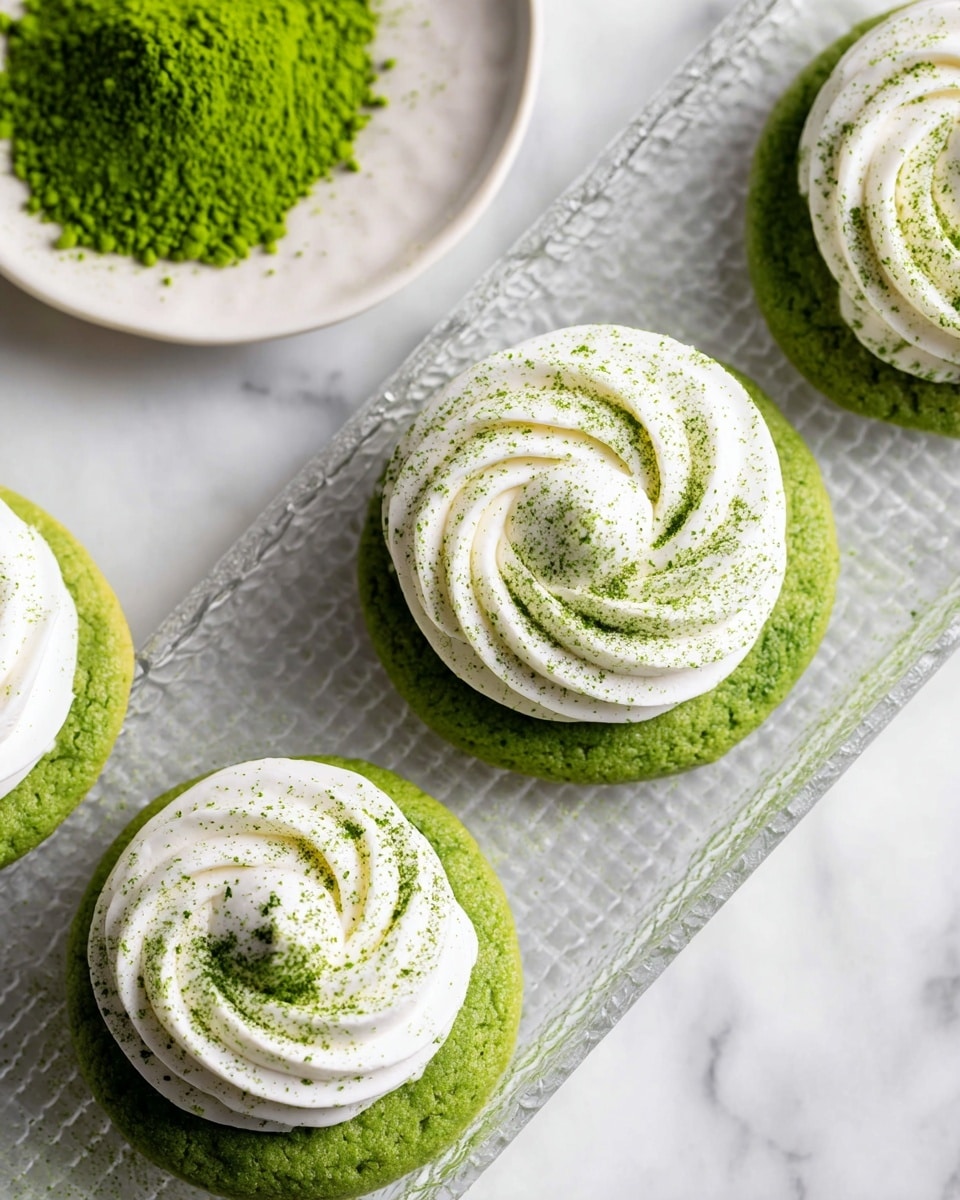 The image shows several round green cookies placed on a clear textured rectangular tray over a white marbled surface. Each cookie has a single thick green base layer with a smooth texture, topped by a thick white cream layer piped in a spiral pattern. The white cream is sprinkled with fine green powder, giving a fresh look. There is a white plate with some green powder on the side in the top right corner. photo taken with an iphone --ar 4:5 --v 7