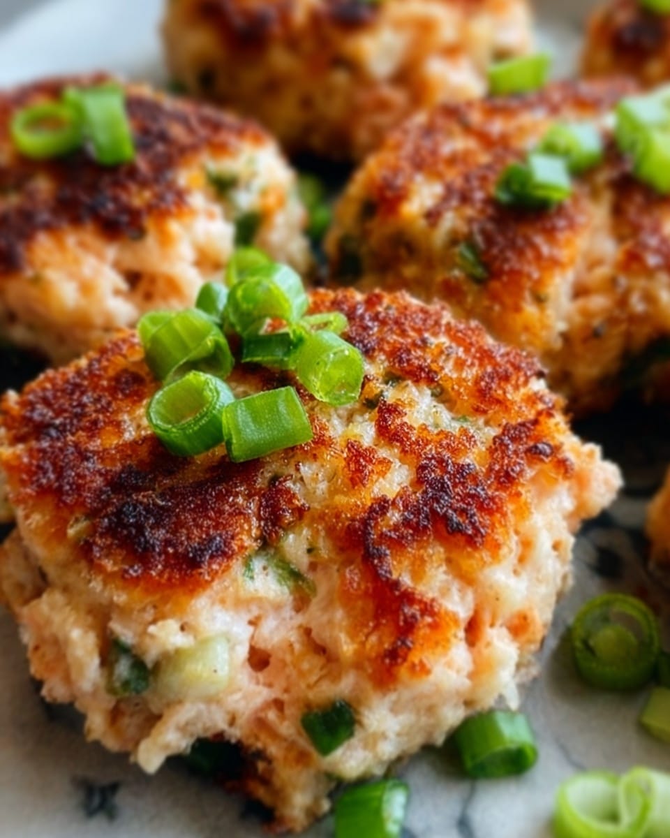 The image shows close-up small round salmon cakes with crispy golden brown tops and light pink and white inside, placed closely together. They are topped with chopped light and dark green onions scattered on and around them. The background is a clean white marbled texture, making the colors of the cakes and green onions stand out. photo taken with an iphone --ar 4:5 --v 7