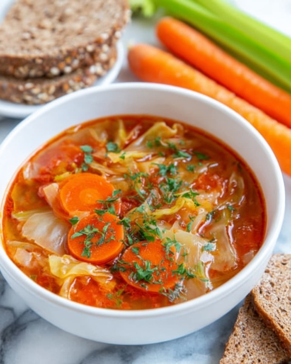 A white bowl filled with a rich orange-red soup containing sliced carrots, small pasta pieces, and chopped fresh green herbs on top. The soup looks warm and slightly oily, with visible vegetable bits floating inside. Beside the bowl, there is a bunch of celery stalks and bright orange carrots placed on a white marbled surface. In the background, several slices of whole grain brown bread rest on the same surface. The image is shot closely, showing the texture of the soup and bread clearly, with a soft light creating gentle shadows. Photo taken with an iphone --ar 4:5 --v 7