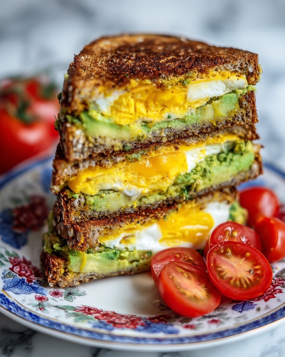 A toasted sandwich cut in half and stacked, each half showing three layers: the top layer is golden brown toasted bread with small seeds, the middle layer is melted yellow cheese mixed with mashed green avocado, and the bottom layer has a yellow cooked egg layer. The sandwich sits on a white plate with a colorful pattern on the rim, and there are several red cherry tomato halves beside the sandwich. The plate is on a white marbled surface. photo taken with an iphone --ar 4:5 --v 7