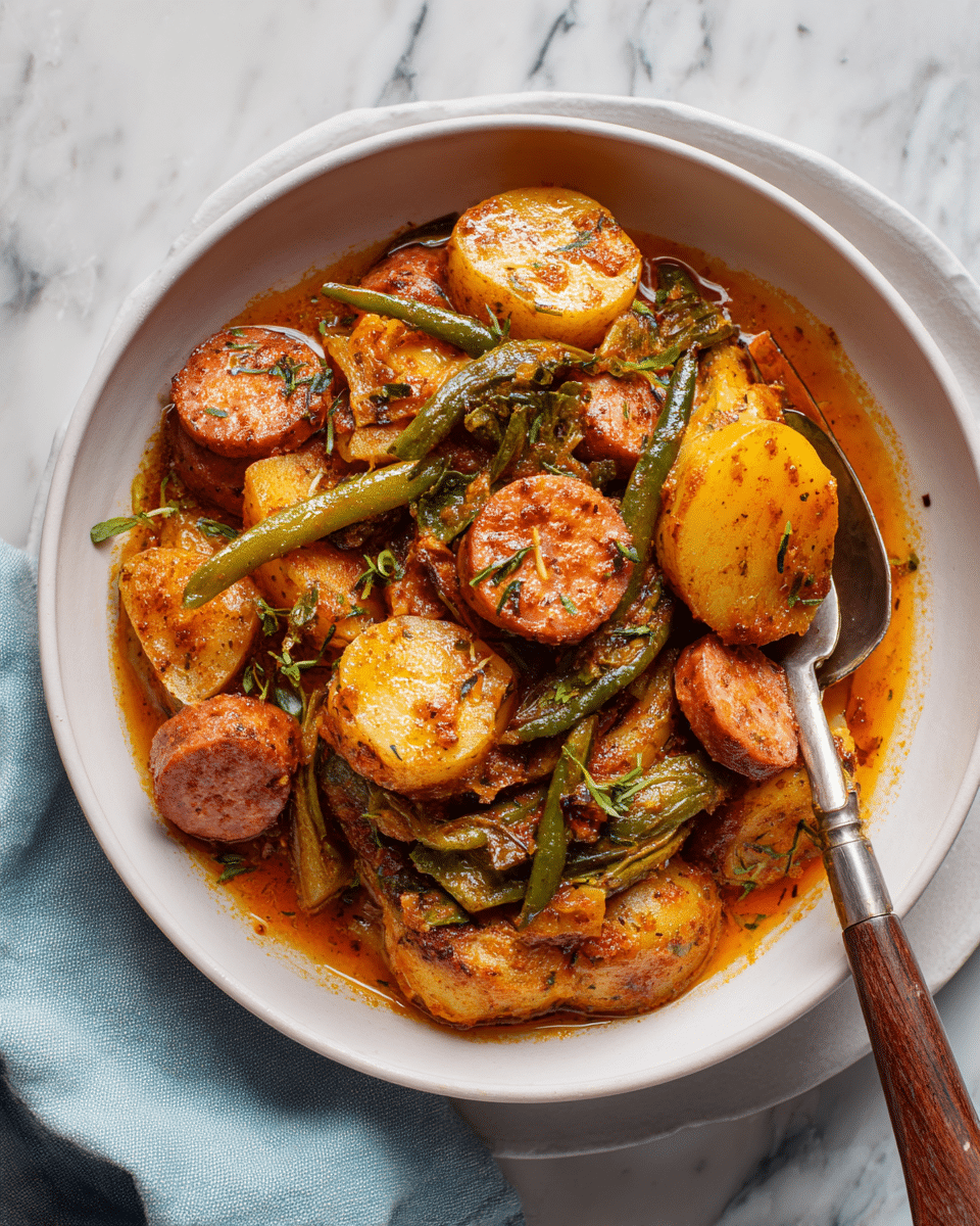 A white round bowl filled with a stew-like dish showing several layers and textures, including chunks of golden-brown potatoes, thick slices of reddish sausage, and some green asparagus pieces mixed with a light brown, slightly oily broth that has small bits of herbs sprinkled on top. A woman's hand holding a fork with a potato chunk, sausage slice, and asparagus pointed upwards, ready to eat. The bowl sits on a white marbled surface with a blue cloth in the background. photo taken with an iphone --ar 4:5 --v 7