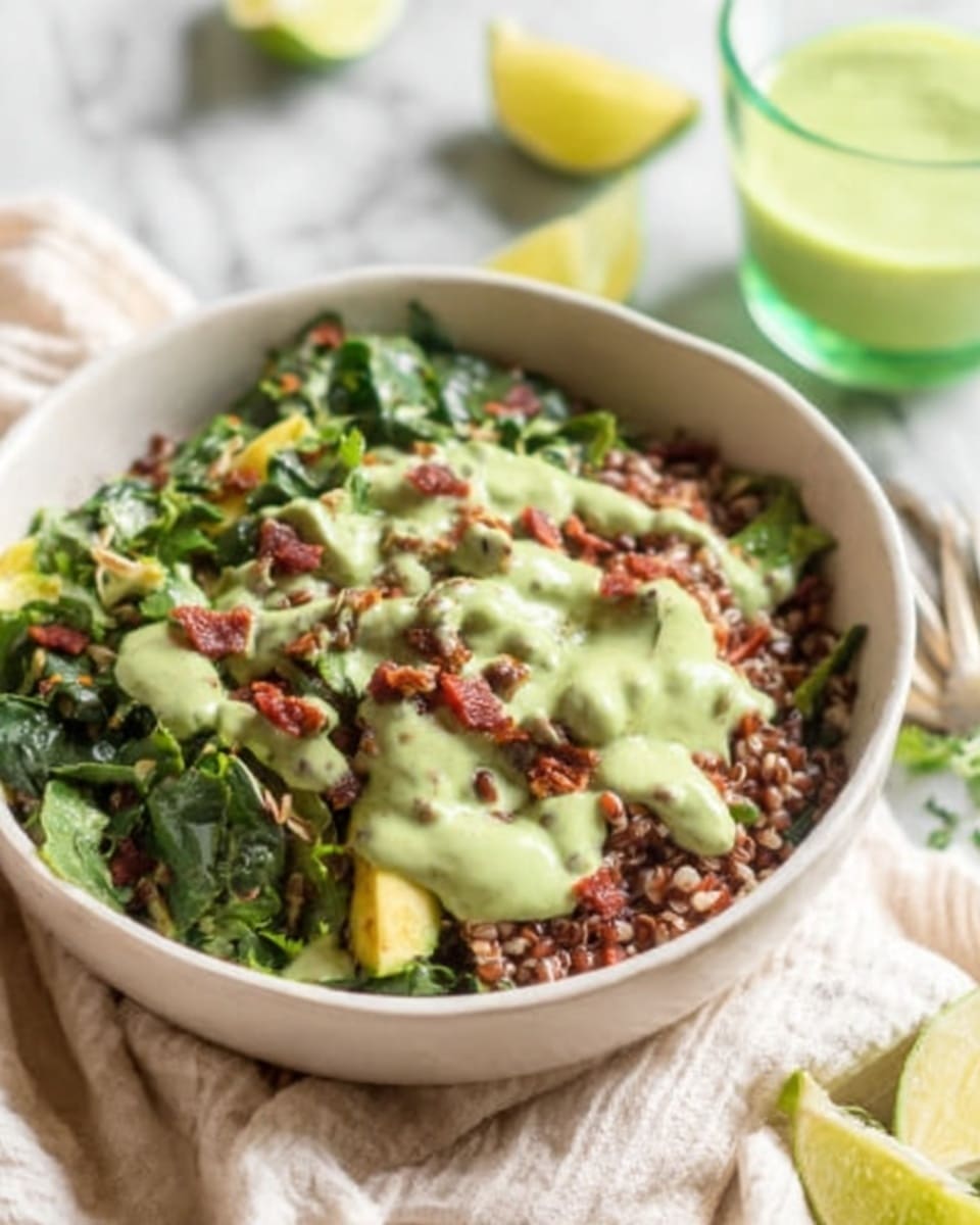 The image shows a white bowl filled with a colorful salad resting on a white cloth on a white marbled surface. The salad has three main layers: the bottom layer contains small brown grains, the middle layer consists of dark green leafy vegetables, and the top layer is a light green creamy dressing drizzled unevenly over the greens. Small chunks of reddish-brown pieces are scattered throughout the salad, adding texture and contrast. The bowl is viewed slightly from above, with a blurry background featuring lime wedges and a glass of green liquid. Photo taken with an iphone --ar 4:5 --v 7