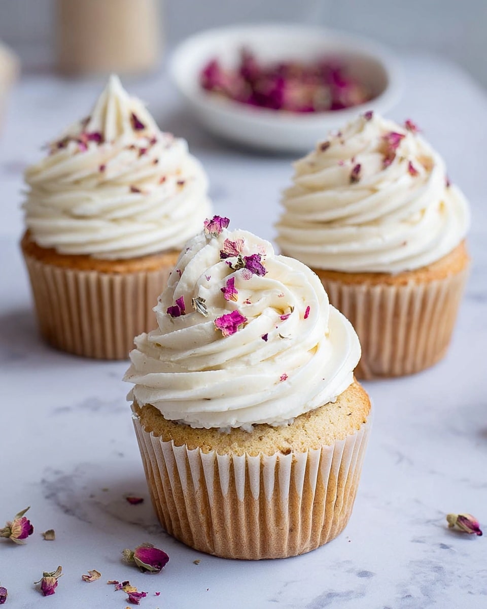 Three cupcakes sit on a white marbled surface, each cupcake having a bottom layer of golden brown cake wrapped in light brown paper liners. On top is a thick, creamy white swirl of frosting, about three layers high, with a smooth texture and soft peaks. The frosting is sprinkled lightly with small dried pink and purple flower petals adding color and texture. In the background, a small white bowl with more dried petals can be seen, softly blurred. photo taken with an iphone --ar 4:5 --v 7