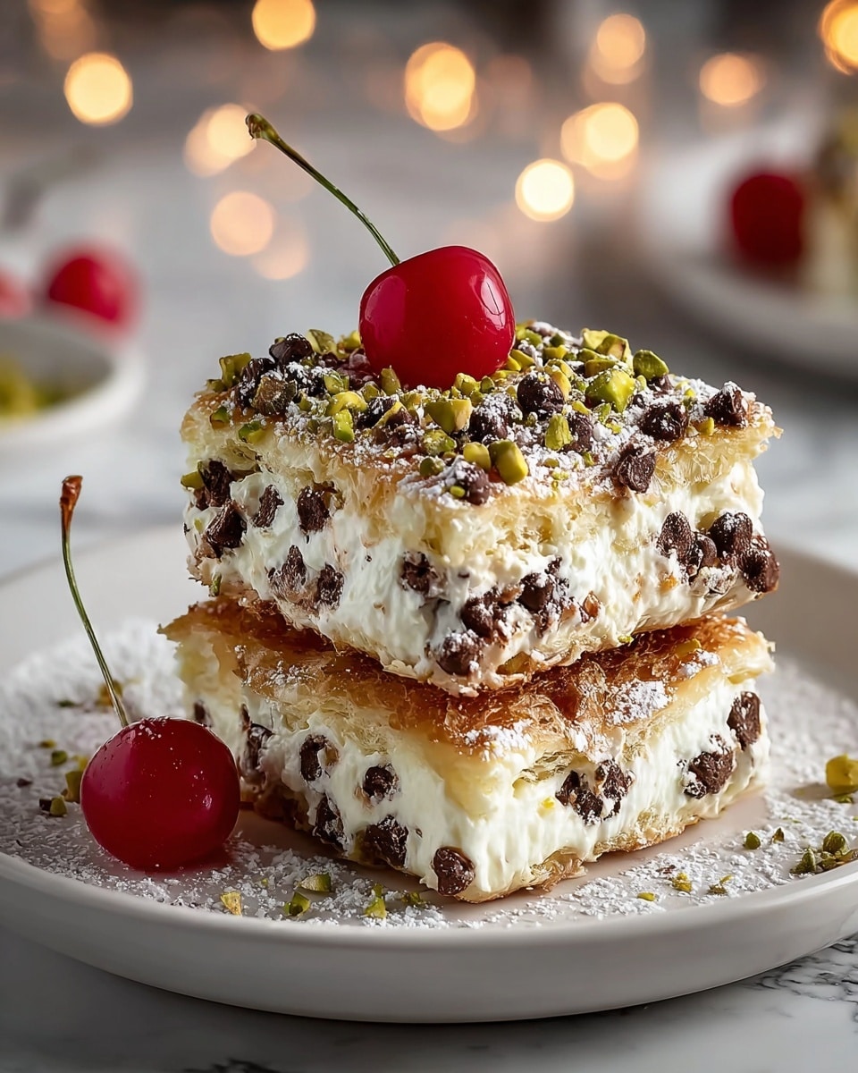A dessert with two square layers stacked on a white plate, each layer made of light golden crispy pastry filled with thick white cream mixed with small chocolate chips. The top layer is decorated with more chocolate chips, chopped green pistachios, and a dusting of powdered sugar. Two bright red cherries with stems are placed on the plate beside the stacked dessert. The background shows soft yellow bokeh lights over a white marbled surface. photo taken with an iphone --ar 4:5 --v 7