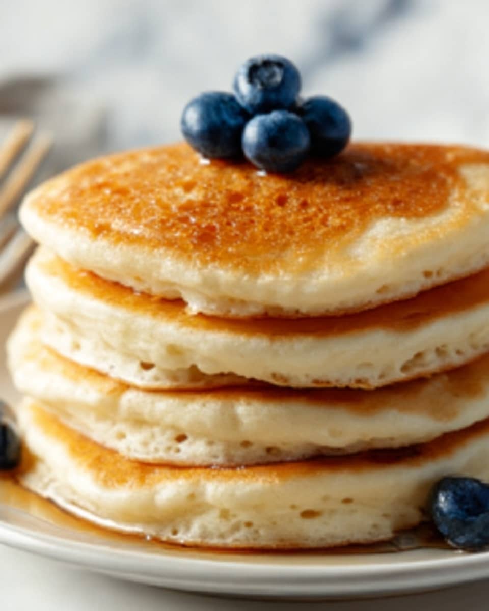 A stack of five fluffy pancakes sits on a white plate, each pancake showing a light golden-brown color with small air bubbles on the surface. The edges are soft and slightly uneven, giving a fresh, homemade look. On top of the stack, three plump blueberries rest, adding a splash of deep blue color and smooth texture to contrast with the warm pancakes. The background is a white marbled surface, bright and clean, highlighting the warm tones of the pancakes. Photo taken with an iphone --ar 4:5 --v 7