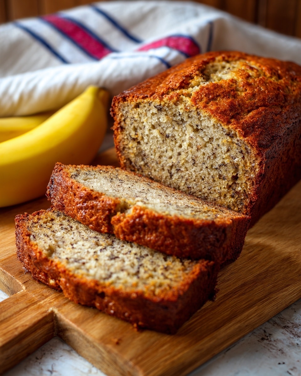 A loaf of banana bread with a golden brown crust is shown with three thick slices cut and stacked slightly off the main loaf. The inside of the bread is a light tan color with a moist texture filled with darker brown walnut pieces that are scattered throughout. The top crust is firm and slightly cracked down the middle. The bread rests on a light wooden surface with part of a peeled banana visible on the side and a white cloth with red and blue stripes in the background. Photo taken with an iphone --ar 4:5 --v 7