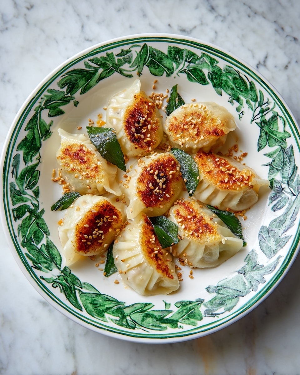 The image shows a white plate with a green leafy pattern and small pink flowers, filled with several crescent-shaped dumplings arranged in a circular way. Each dumpling has a translucent white wrapper with pleated edges and a shiny surface from a light sauce drizzle. Some dumplings have a golden-brown grilled bottom with a slightly crispy texture, while others are purely steamed with a soft, smooth texture. A sprinkling of light beige sesame seeds is spread over the dumplings, adding a small contrast to the white and golden colors. The plate sits on a white marbled texture surface. photo taken with an iphone --ar 4:5 --v 7