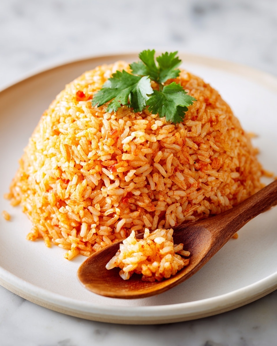 A dome-shaped mound of orange-tinted rice sits centered on a white plate with a wooden spoon scooping a small portion from the front. The rice grains look soft and slightly glossy with visible bits of seasoning, giving it a textured and flavorful appearance. At the top of the rice dome, fresh green cilantro leaves add a fresh pop of color and contrast. The scene is set on a white marbled surface with soft natural light casting gentle shadows, highlighting the texture of the rice and spoon. photo taken with an iphone --ar 4:5 --v 7