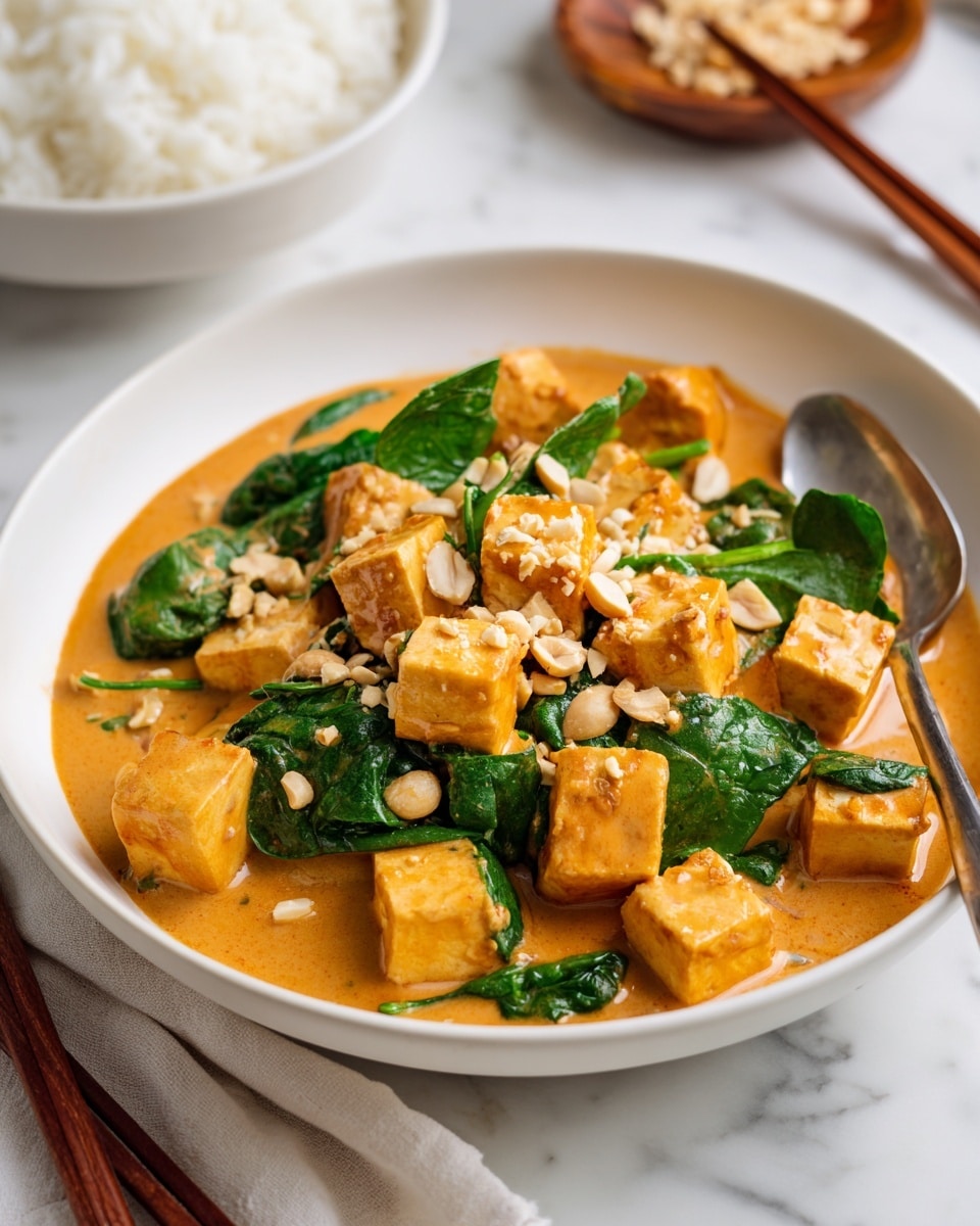 A bowl filled with a thick orange-brown peanut sauce containing several cubes of tofu and wilted dark green spinach leaves mixed throughout. The surface of the sauce is glossy and smooth, topped with a generous sprinkle of chopped light tan peanuts. A spoon is resting on the right edge inside the bowl. The bowl is white with a speckled pattern and placed on a white marbled surface with wooden chopsticks beside it. Photo taken with an iphone --ar 4:5 --v 7