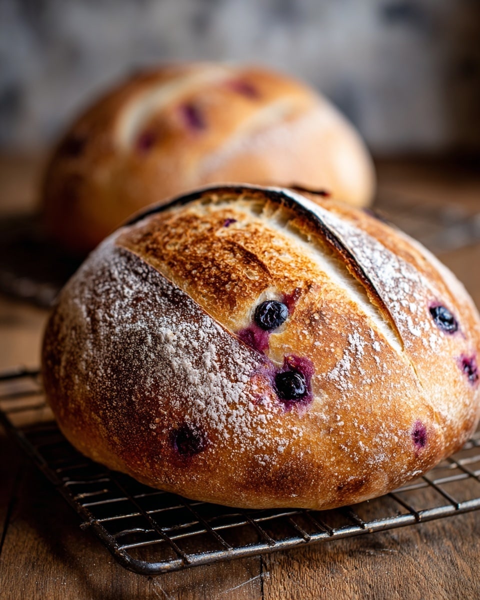 A round loaf of bread with a golden crust and a soft, light tan color rests on a metal cooling rack over a wooden surface. The bread is decorated with two wide slashes on top, revealing a fluffy interior. Scattered throughout the loaf are plump blueberries, some bursting and oozing deep purple juice that contrasts with the light dough. A light dusting of white flour adds texture to the crust. In the background, a second similar loaf is slightly out of focus, also topped with blueberries and baked to a golden brown. photo taken with an iphone --ar 4:5 --v 7