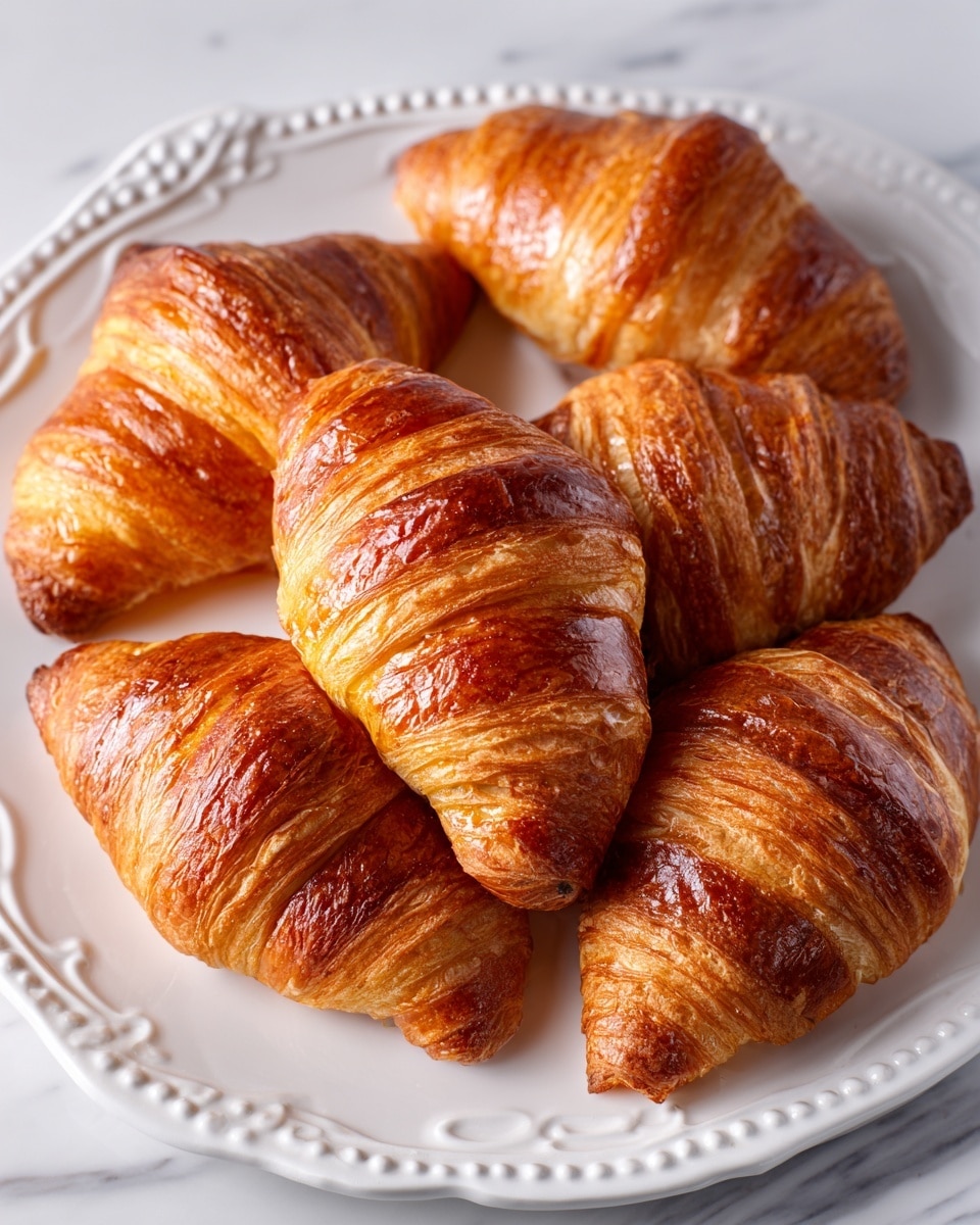 A group of seven croissants with shiny, golden-brown, crispy outer layers showing many thin, curved layers of flaky dough. The croissants are arranged close together on a white decorative plate with raised patterns along its edges. The background is a white marbled texture. The croissants' surface shows a slight gloss from baking, highlighting their soft and buttery texture inside. photo taken with an iphone --ar 4:5 --v 7