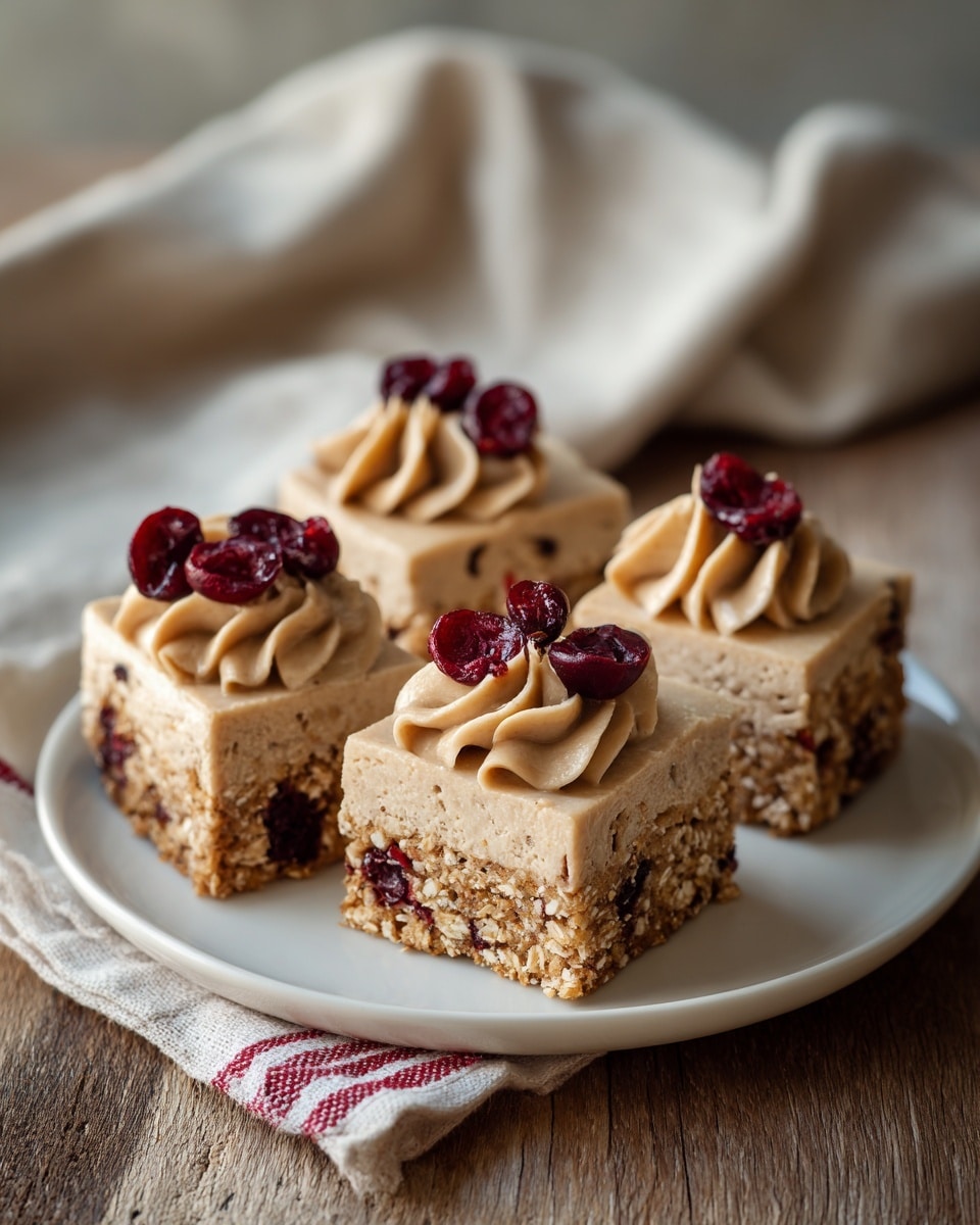 The image shows four square oat bars on a white plate, two of them topped with creamy white frosting swirled smoothly and decorated with three red dried cranberries each, and the other two bars left plain with visible oats and dried cranberries embedded inside. The oat bars have a rough, crumbly texture with dark spots from the cranberries. The plate rests on a white cloth with red stripes, placed on a light wooden table, with soft natural light coming from the side, and a blurred white marbled surface background. photo taken with an iphone --ar 4:5 --v 7
