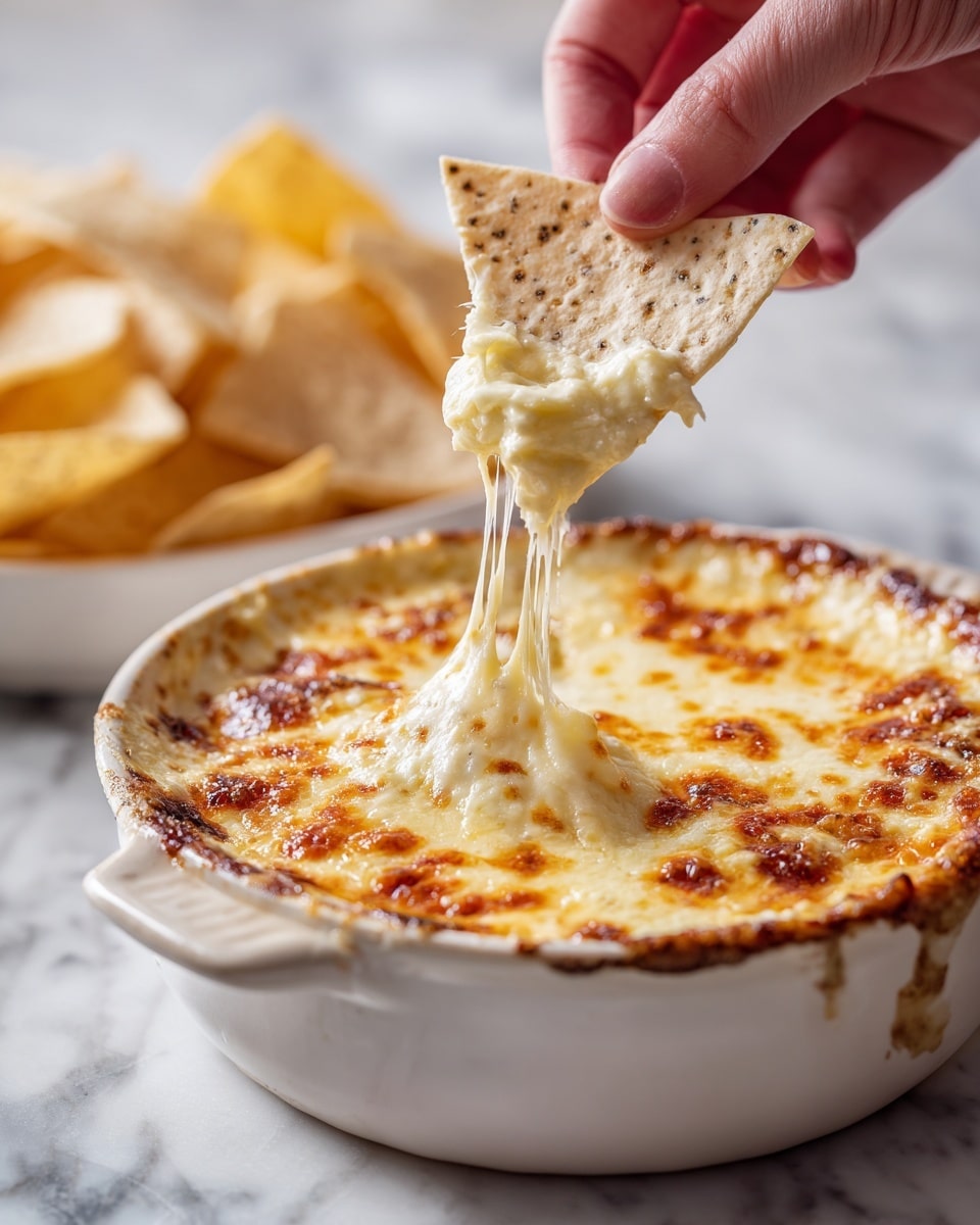 A white round ceramic dish filled with a creamy, bubbling cheese dip showing a mix of orange and white melted cheese with a slightly browned top layer. A woman's hand is lifting a large triangular pale beige chip speckled with darker grains, covered in gooey stringy melted cheese stretching from the dish to the chip. In the blurred background, there is a white dish piled with similar chips. The scene is set on a white marbled surface. Photo taken with an iphone --ar 4:5 --v 7