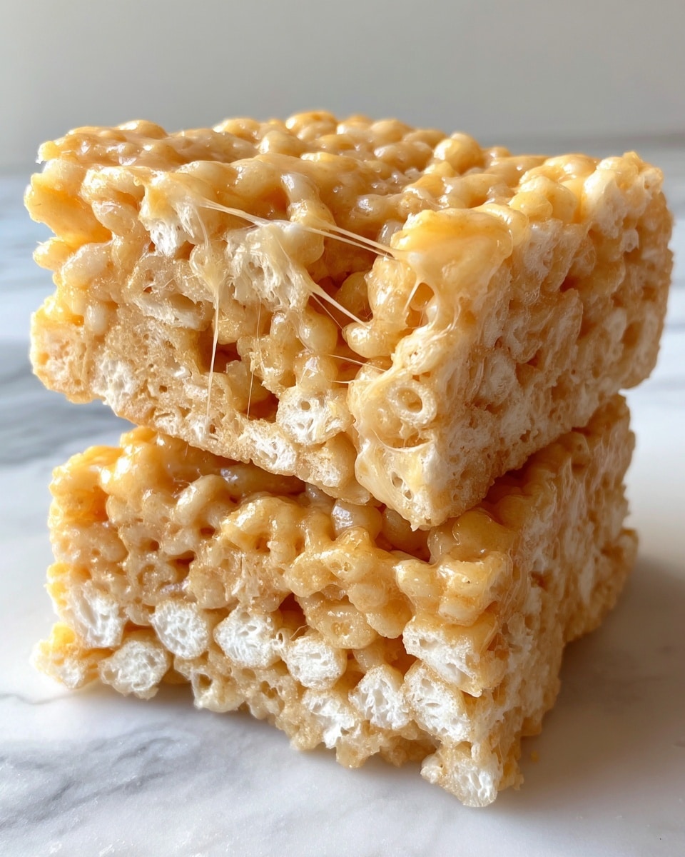 The image shows a close-up of two stacked Rice Krispies treats, each with one layer made of light golden puffed rice cereal bound tightly together by a glossy, pale caramel marshmallow mixture. The top treat has visible sticky marshmallow strands stretching between the gaps. The texture looks soft and slightly chewy with crisp puffed rice pieces clearly visible all around. The background is a white marbled surface. photo taken with an iphone --ar 4:5 --v 7
