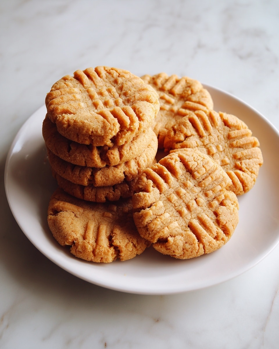 A white plate on a white marbled surface holds a stack of seven round peanut butter cookies. Each cookie is light golden brown with a slightly rough texture and has a crisscross pattern pressed into the top. The cookies are arranged neatly, some overlapping, showing their soft edges and crumbly surface. The lighting highlights the warm color and subtle cracks on the cookies. photo taken with an iphone --ar 4:5 --v 7