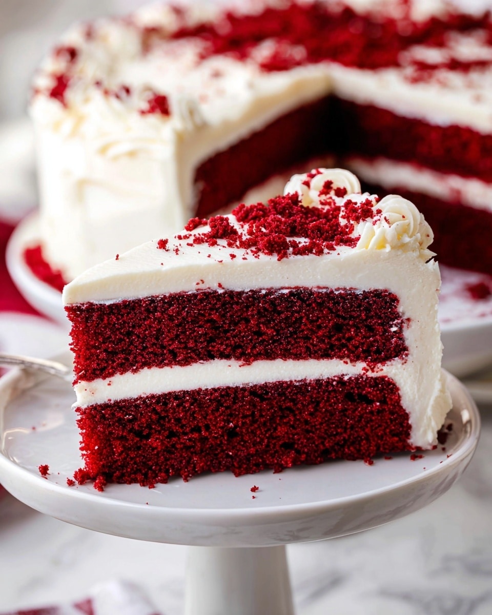 A slice of red velvet cake with three layers is shown being lifted from a white cake stand. The cake has two thick, dark red layers of moist, crumbly cake with a smooth, thick white cream cheese frosting layer in between. The top layer of the cake is fully covered with the same white frosting, which has soft swirled patterns, and the edge of the top surface is decorated with red cake crumbs. The background is a white marbled texture with blurred warm light circles. Photo taken with an iphone --ar 4:5 --v 7