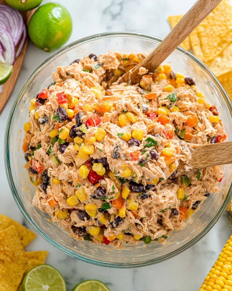 A clear glass bowl filled with a colorful mix of shredded chicken salad containing bright yellow corn, black beans, finely chopped red bell peppers, and bits of green herbs, all coated in a creamy sauce with a slightly orange tint. A wooden spoon is partially sunk into the mixture, slightly lifting some of the salad. In the background, there are sliced purple onion and lime halves, scattered tortilla chips, and a corn cob, all set on a white marbled surface. photo taken with an iphone --ar 4:5 --v 7