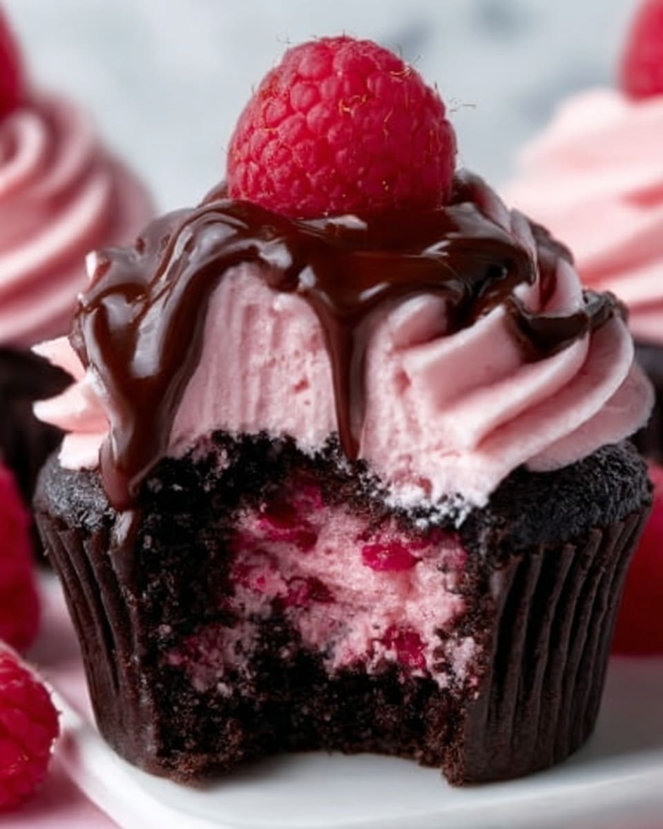 A close-up view of a dark chocolate cupcake with one bite taken out, revealing a creamy pink filling inside. The top of the cupcake is decorated with light pink frosting swirled in a thick layer, topped with a fresh red raspberry and drizzled with shiny dark chocolate sauce. Around the cupcake are more fresh raspberries and parts of other similarly decorated cupcakes, all placed on a white marbled surface. A woman's hand is partly visible holding the bitten cupcake. Photo taken with an iphone --ar 4:5 --v 7