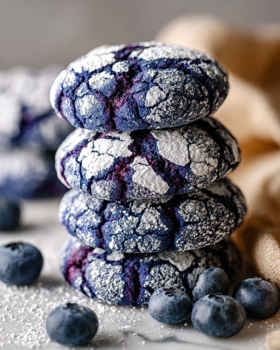 A stack of four cracked cookies with a white powdered sugar surface showing deep blue and purple cracks, one cookie leaning on the stack with similar texture, scattered fresh blueberries around on a white marbled surface dusted lightly with powdered sugar, blurred cookies in the background, and part of a beige cloth on the right side, photo taken with an iphone --ar 4:5 --v 7