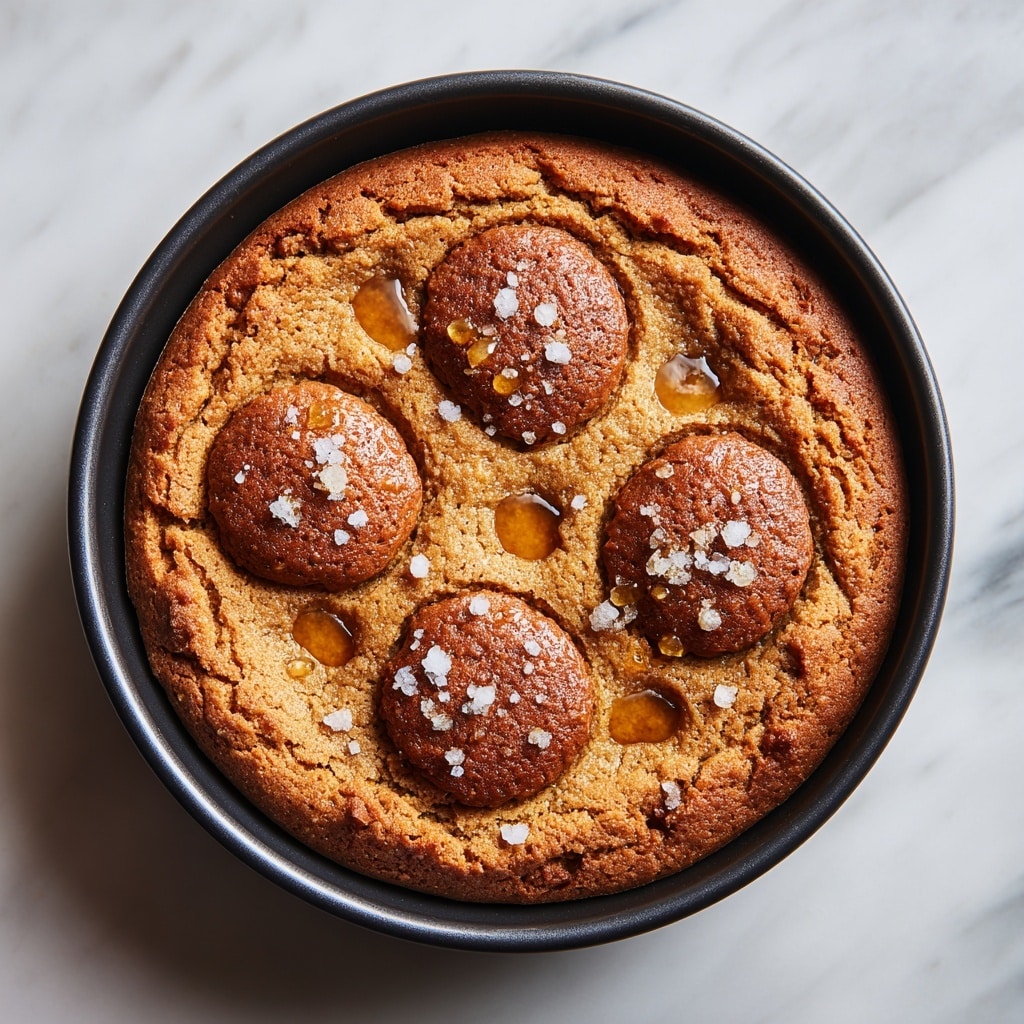 A close-up view of a black round baking pan filled with a thick, golden-yellow cake base with a cracked surface. On top are three large, round, golden-brown cookie-like pieces, each sprinkled with coarse white sugar, arranged in a triangular pattern with two at the top and one at the bottom. Each cookie has a shiny amber glaze in the center. The pan rests on a white marbled surface. photo taken with an iphone --ar 4:5 --v 7