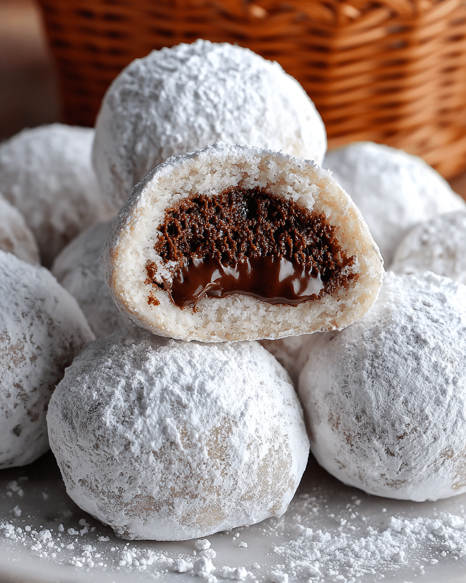 The image shows several soft, round dough balls covered in white powdered sugar, placed closely together on a white marbled surface. On top of the pile, one dough ball is cut in half, revealing three layers: a thin outer layer of light beige soft dough, a thick creamy white middle layer, and a rich dark brown chocolate layer with a slightly melted, glossy texture. The contrast of the soft dough with the creamy and chocolatey filling is clearly visible. Photo taken with an iphone --ar 4:5 --v 7