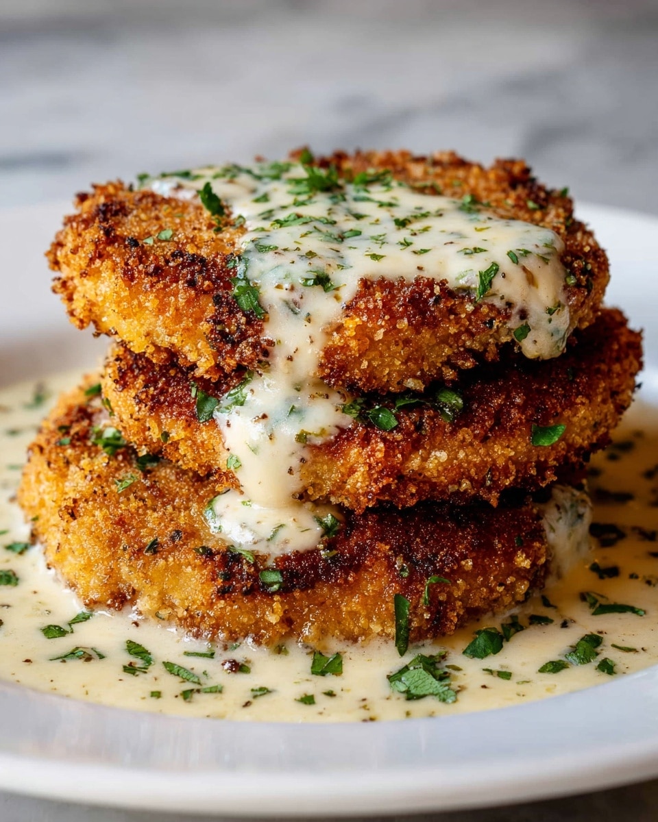The image shows three crispy golden-brown fried patties arranged overlapping in the center of a wide, shallow white plate. Each patty is covered with a creamy light beige sauce, speckled with green herbs. More of the same sauce pools around the bottom of the patties on the plate, sprinkled with fresh chopped green herbs, adding a pop of color. The patties have a crunchy texture with some darker browned spots, and the creamy sauce contrasts smoothly against the rough texture of the patties. The background is a white marbled surface. photo taken with an iphone --ar 4:5 --v 7