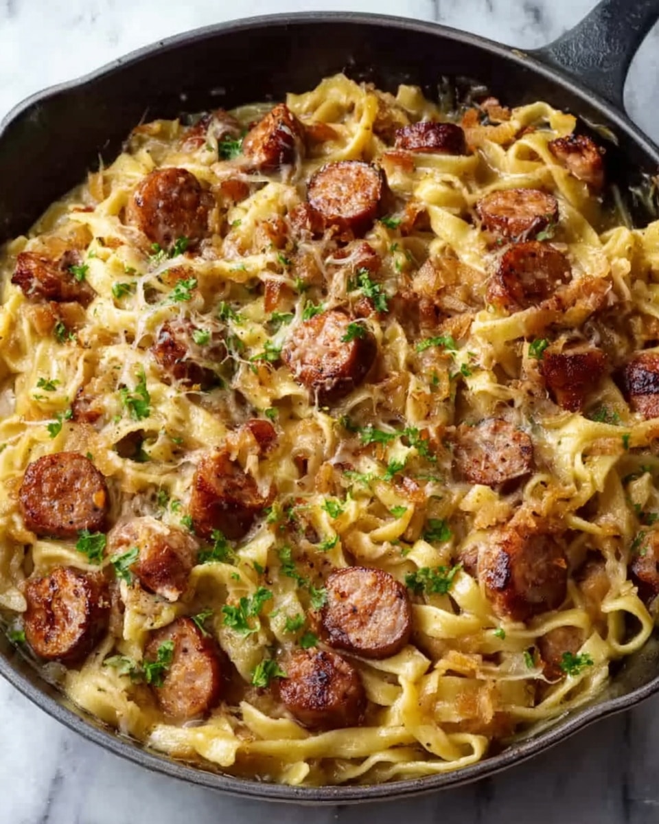 The image shows a close-up of a skillet filled with a creamy pasta dish. The base layer is soft pasta mixed with a light beige creamy sauce, swirling throughout. On top of this pasta, there are slices of browned sausage scattered evenly with a slightly shiny and crispy texture. Small green herbs are sprinkled across the dish, adding spots of bright green color. The skillet is round and black, and the photo is taken on a white marbled surface. The lighting highlights the creamy texture and the golden-brown edges of the sausage. Photo taken with an iphone --ar 4:5 --v 7