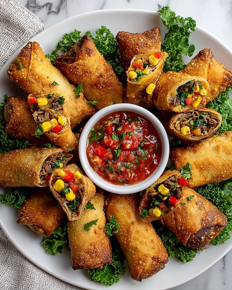 A white plate holds a circle of golden-brown fried egg rolls with a bubbly, crispy texture, some sliced in half to show a colorful filling inside of bright yellow corn, green kale, red bell pepper, and shredded brown ingredients. The egg rolls rest on a bed of fresh green kale leaves sprinkled with small pieces of red pepper and corn kernels. In the center of the plate is a small white bowl filled with chunky red salsa made from diced tomatoes, green herbs, and bits of red pepper. The plate sits on a white marbled surface with a gray cloth partially visible on the side. Photo taken with an iphone --ar 4:5 --v 7